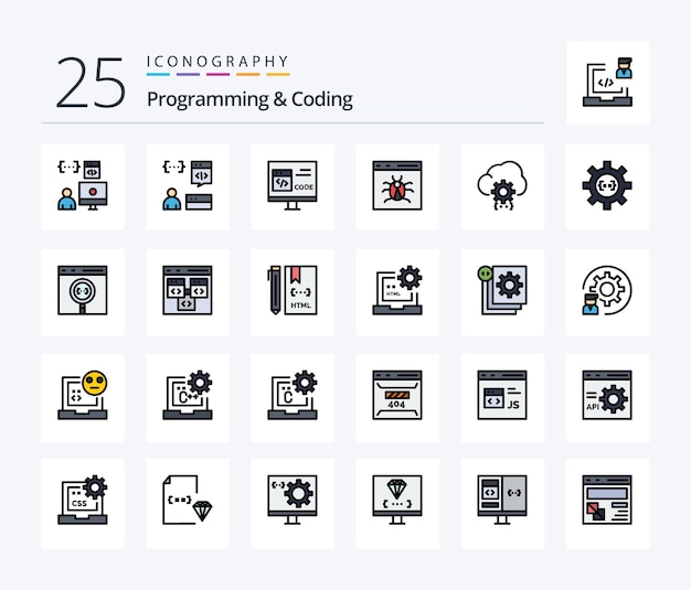 programming and coding 25 line filled icon pack including develop cloud develop development bug