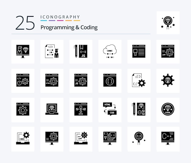 programming and coding 25 solid glyph icon pack including develop browser development website development
