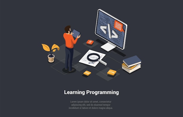 programming and coding learning concept software coding testing debugging mobile apps programming seo search engine developer learning new languages for code isometric 3d vector illustration