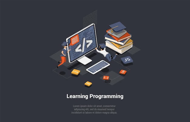 programming and coding learning concept software coding testing debugging mobile apps programming seo search engine programming languages for code learning isometric 3d vector illustration