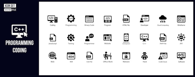 programming coding solid glyph icons set software development web programming vector collection