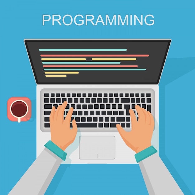  programming, coding web development concept. programmer top view with screen code