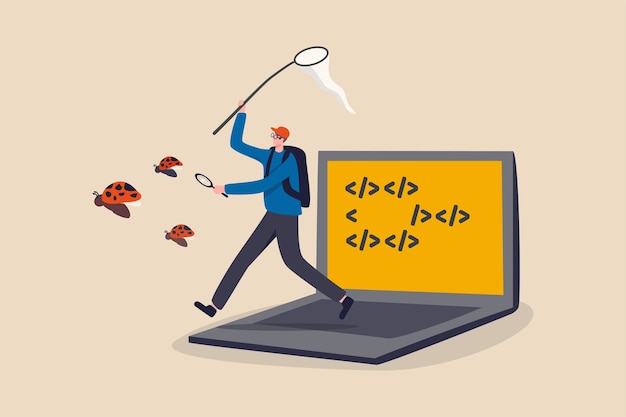 programming debug search for application software bug and fix code concept