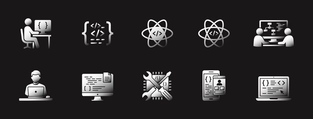 programming developer icon set software development workspace coding work repair code tools ui
