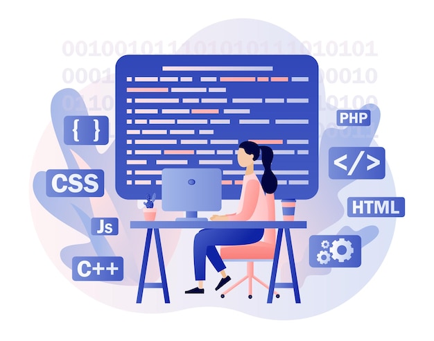 programming and engineering development tiny girl programmer or developer create code programming