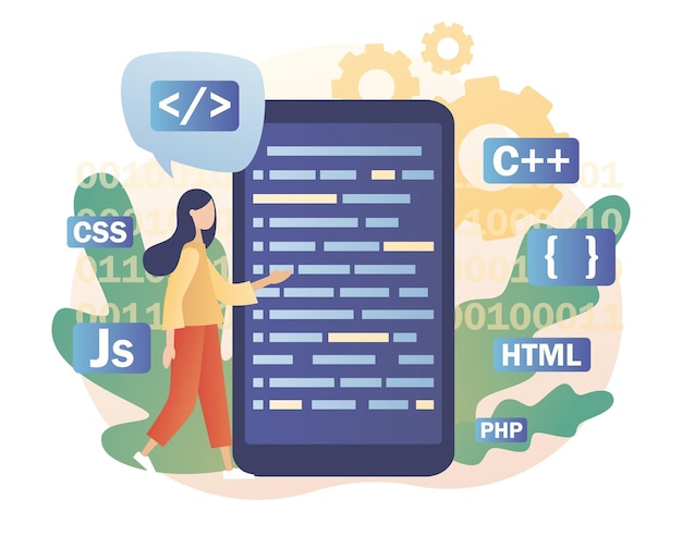 programming and engineering development tiny woman programmer or developer create code programming