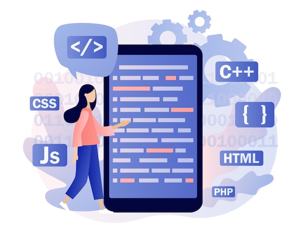 programming and engineering development tiny woman programmer or developer create code programming
