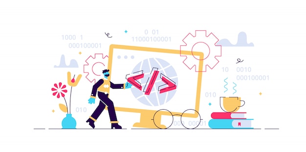 programming illustration. flat tiny person concept with it computer. application, software or web page coding process. interface development with task algorithm source and executable designing.