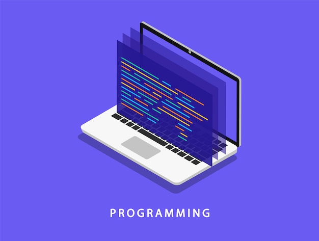 programming on a laptop in isometry. software development. coding.