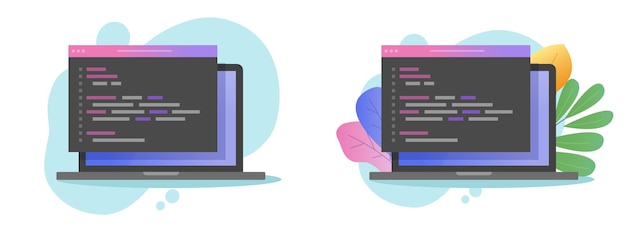 programming php code on computer screen or coding html or java script on laptop pc flat cartoon