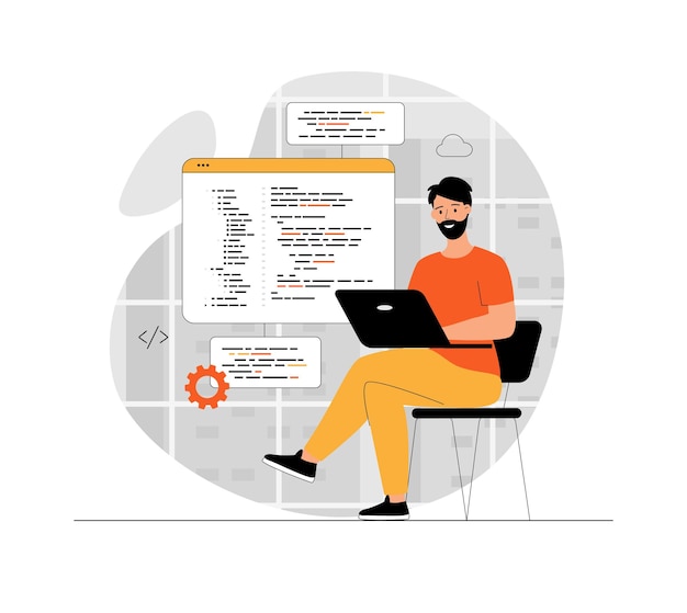 programming software concept man write test and optimize code work with different program languag