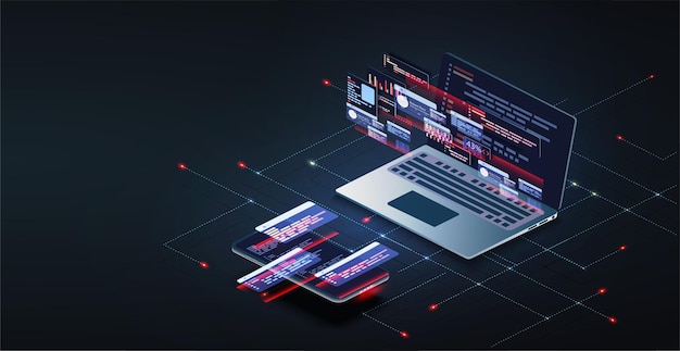 プログラミングとソフトウェア開発 ウェブページのバナー プログラムコード 画面デバイス ソフトウェア開発 コーディングプロセスコンセプト プログラミንግ テスト クロスプラットフォーム コード アプリケーション 携帯電話 UIUX