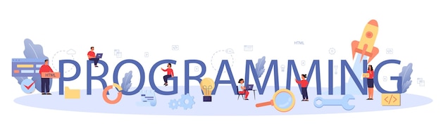 programming typographic header. student write software and create code for computer. coding script for project and app. digital technology for website, interface and devices. .