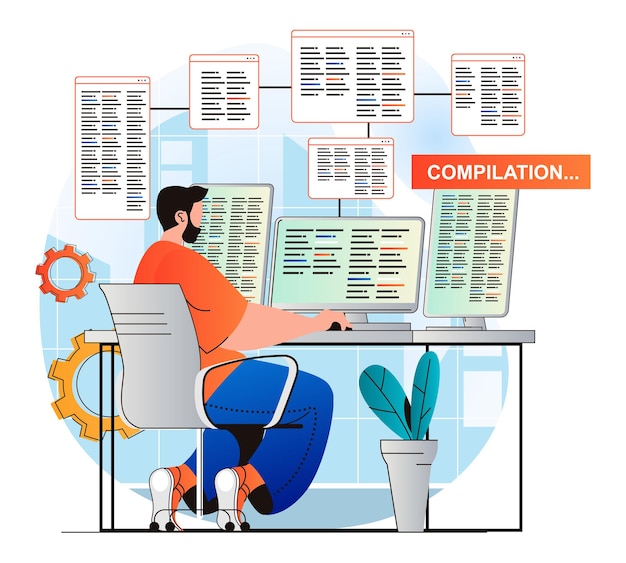 programming working concept in modern flat design developer does compilation of program