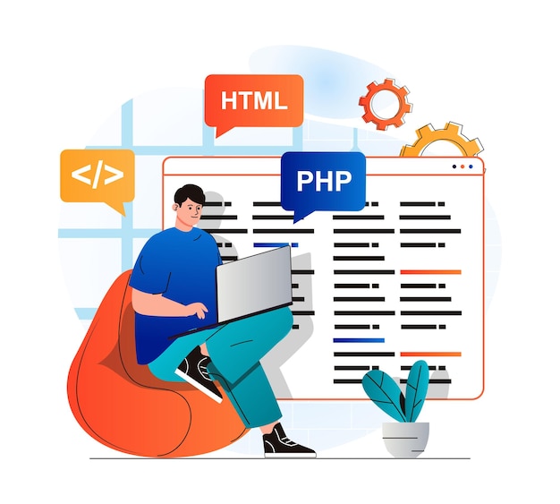 programming working concept in modern flat design developer programs in html and php languages