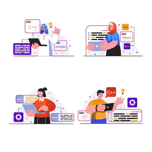 programming working concept scenes set people program in different languages write code test