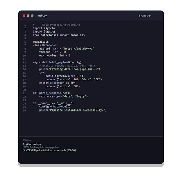 python script code editor interface with asynchronous data processing