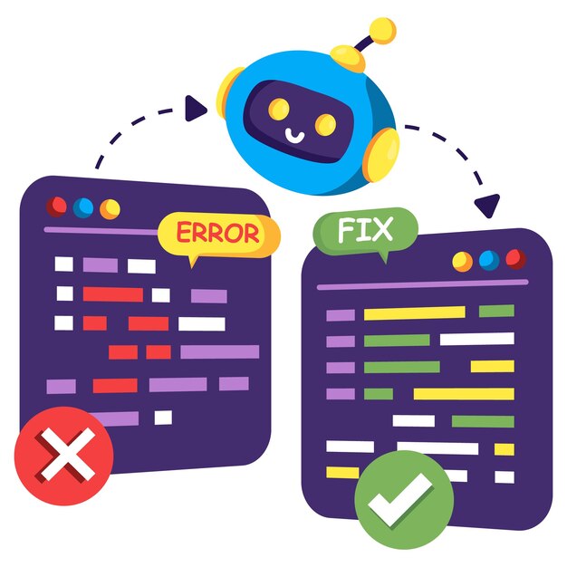 robot debugging code and fixing errors illustration