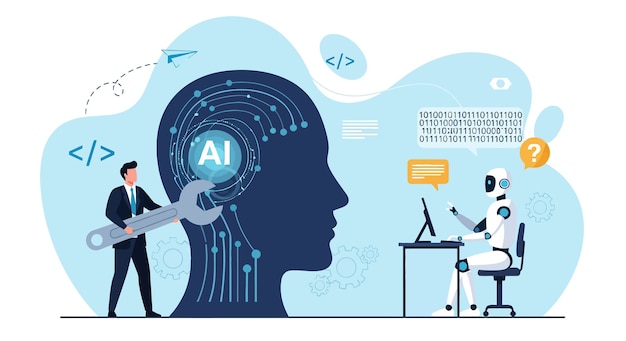 robot and programmer working on artificial intelligence brain development with code scripts