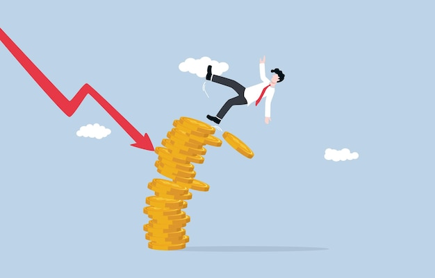 savings decrease in value due to inflation concept, businessman falling from collapsed coin stack.