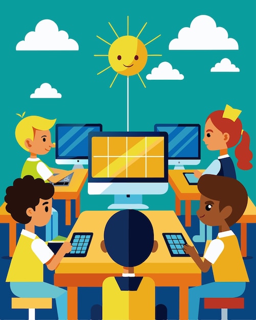 in the schools computer lab students learn about coding and programming while using computers that