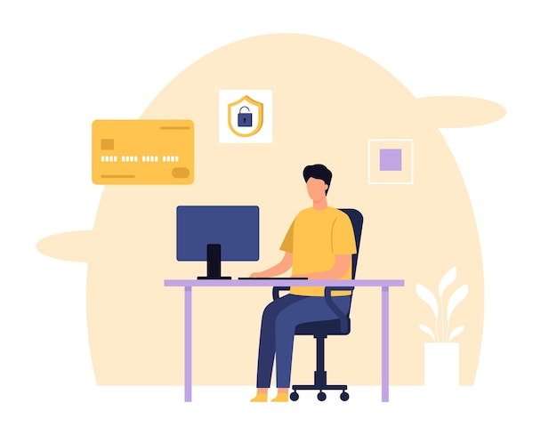 security concept man programmer sitting at computer and coding database security software protecting data
