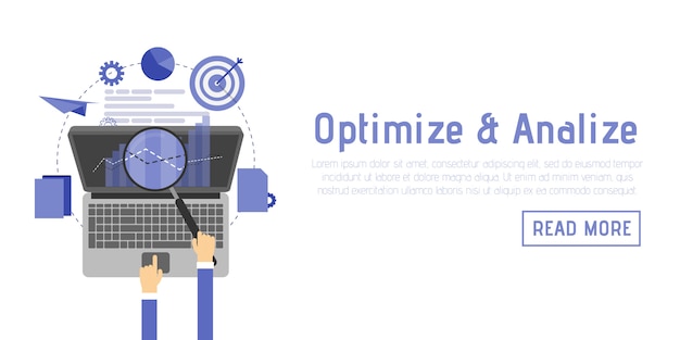 seo optimization, programming process and web analytics elements in flat design