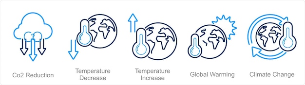 a set of 5 climate change icons as co2 reduction temperature decrease temperature increase