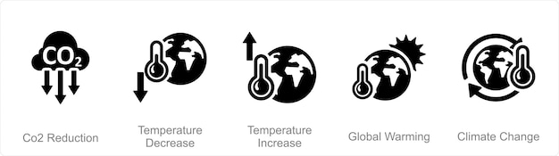 a set of 5 climate change icons as co2 reduction temperature decrease temperature increase