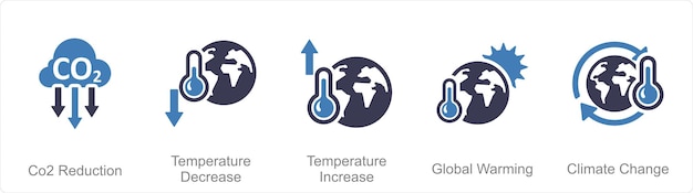 a set of 5 climate change icons as co2 reduction temperature decrease temperature increase