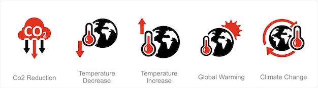 a set of 5 climate change icons as co2 reduction temperature decrease temperature increase