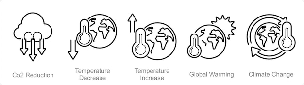 a set of 5 climate change icons as co2 reduction temperature decrease temperature increase