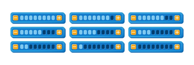 set of funny colorful game ui progress bar panel with increase and decrease button  