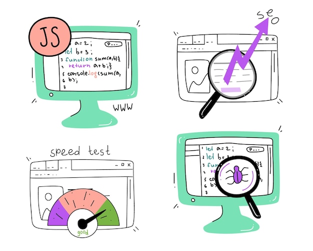 a set of illustrations on information technology web development java script programming website testing website performance and seo