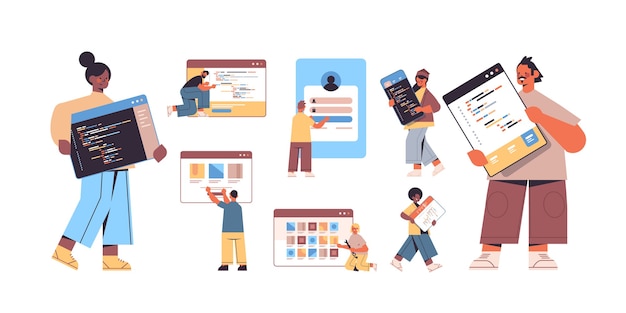 set mix race web developers creating program code application development software programming concept  