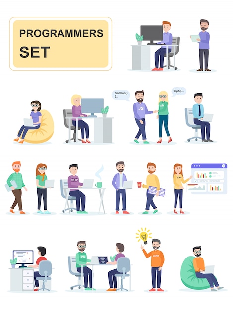 set of programmers developing custom programs.
