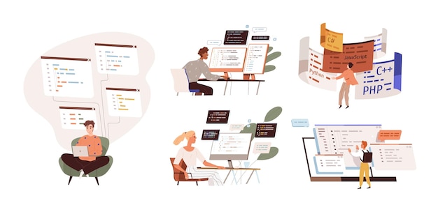 set of programmers working on web development on computers. concept of script coding and programming in php, python, javascript, other languages. software developers. flat vector cartoon illustration.