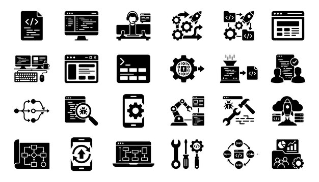 set of solid software development and programming icons featuring coding tools