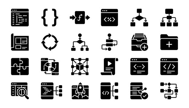 set of solid software development and programming icons representing coding structure data flow