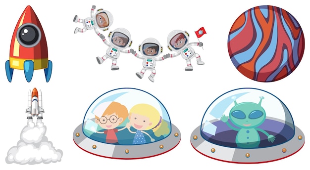 set of space cartoon characters and objects