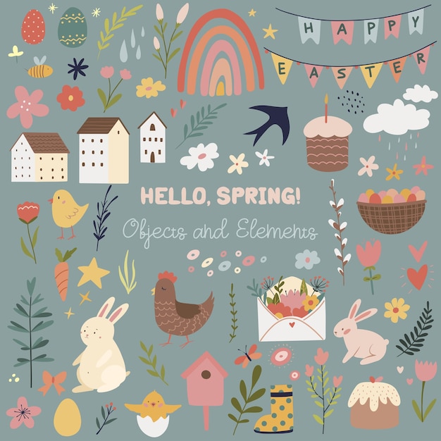set of spring and easter elements