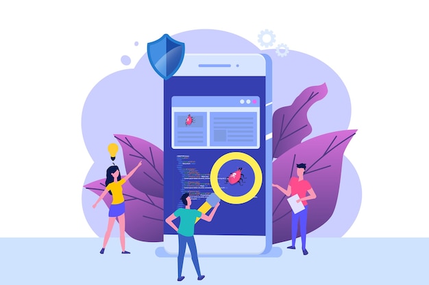 software or application flat  concept.  debugging development process. 