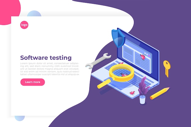 software or application testing  isometric  concept.  debugging development process. 