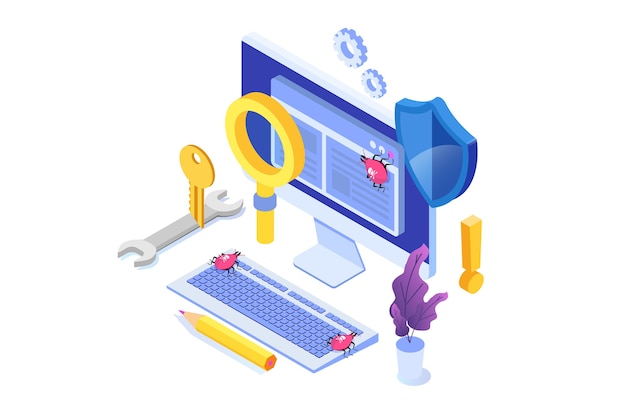 software or application testing  isometric  concept.  debugging development process. 