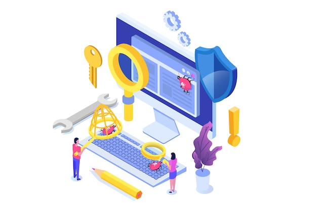 software or application testing  isometric  concept.  debugging development process. 