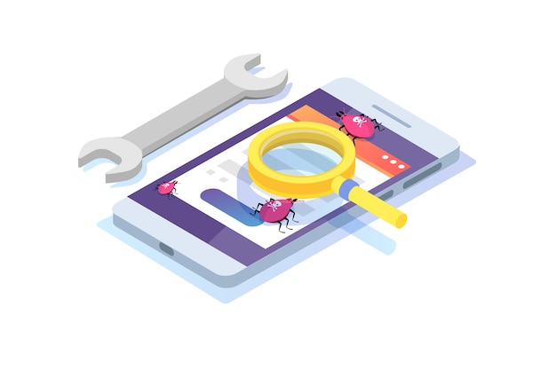 software or application testing  isometric  concept.  debugging development process. 