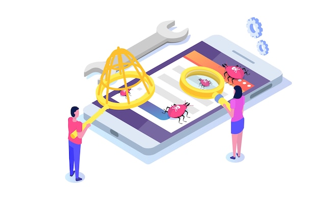 software or application testing  isometric  concept.  debugging development process. 