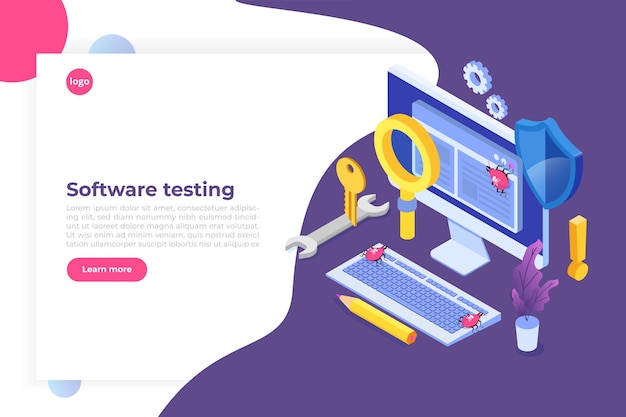 software or application testing  isometric  concept.  debugging development process. 