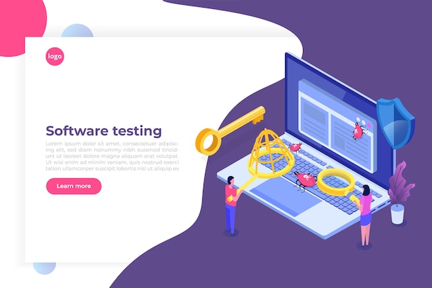 software or application testing  isometric  concept.  debugging development process. 