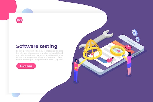 software or application testing  isometric  concept.  debugging development process. 